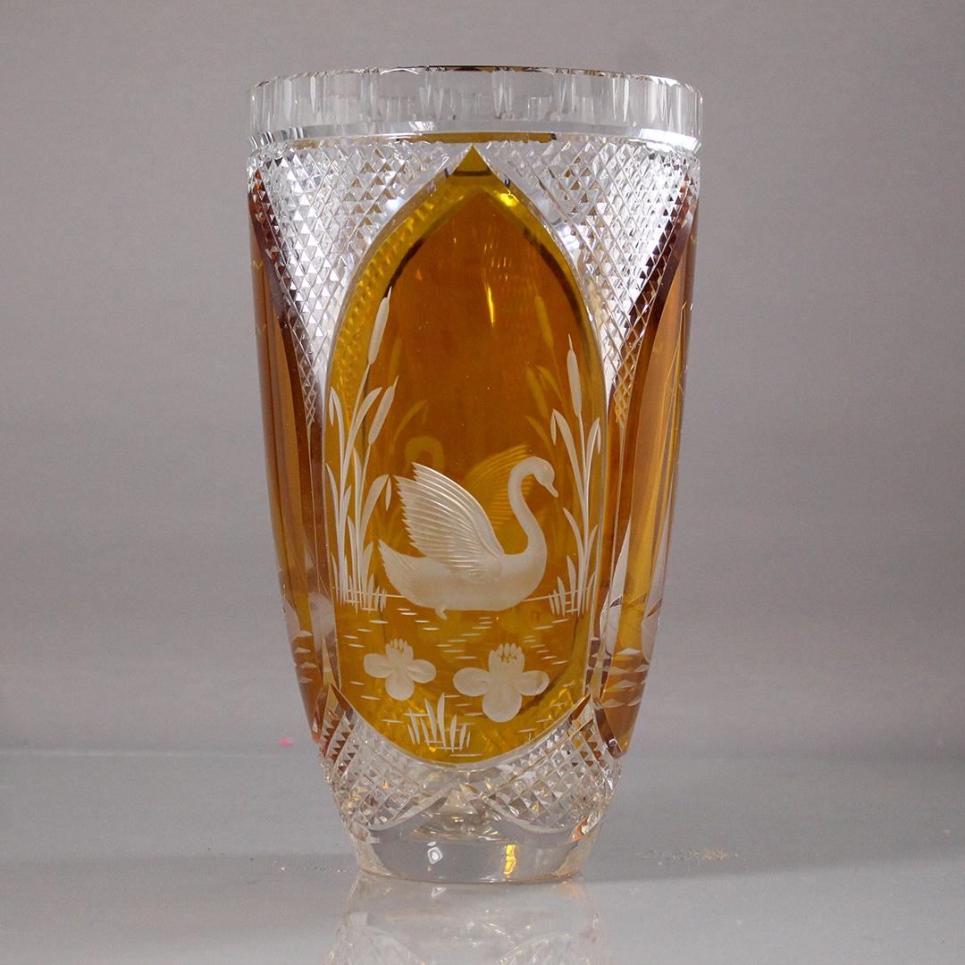 Bohemian Crystal and Amber Glass Vase Etched Swan, Boat: Bohemian Crystal and Amber Glass Vase Etched Swan, Sail Boat. Nice quality glass. Size: 10.5 in. height, 6 in. wide