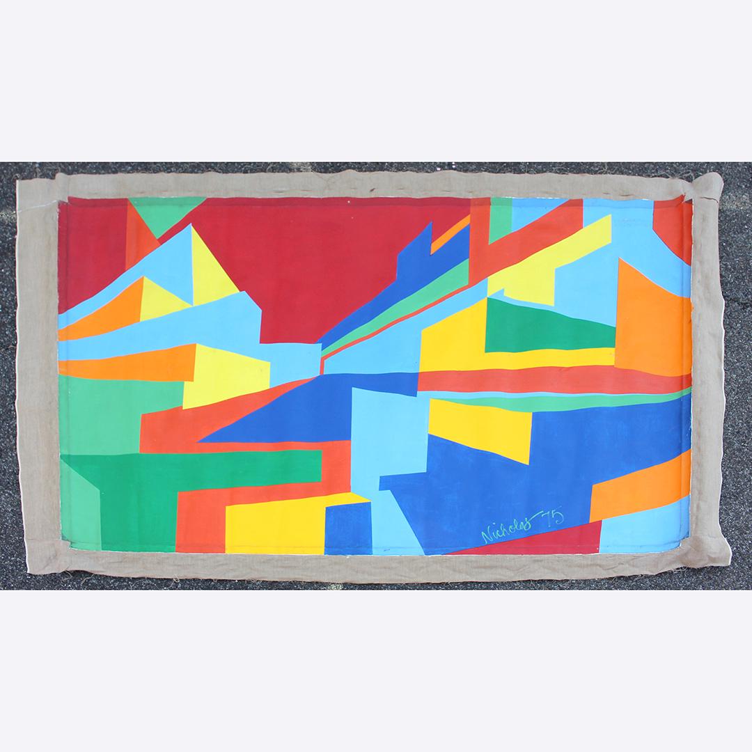 Mid-Century Modern Large Colorful Abstract Oil Painting: Mid-Century Modern Large Colorful Abstract Oil Painting on canvas, Signed and Dated: Nicholas 1975. [ Nicholas Luttinger]; Not Stretched. full canvas size: 57 x 84