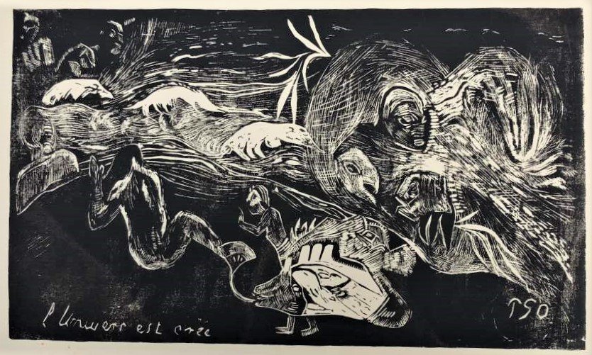 PAUL GAUGUIN, L'Univers Est Cree Print: PAUL GAUGUIN, L'Univers Est Cree Print , Black and White. Stain spot on border, Roughness bottom edge and corner See Pic. Size: image 7 5/8 in. x 13 1/8 in. ; full sheet 11 3/8 in. x 15 3/4 in. ; ASKa