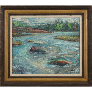 Philip V Arabia, Oil/c Rocky Stream in Landscape: Philip V Arabia, Oil/c Rocky Stream in Landscape. Oil on canvas painting. Signed. Vintage. Framed. Size: image 20 in. x 24 in.; outer frame 28 in. x 32.25 in.