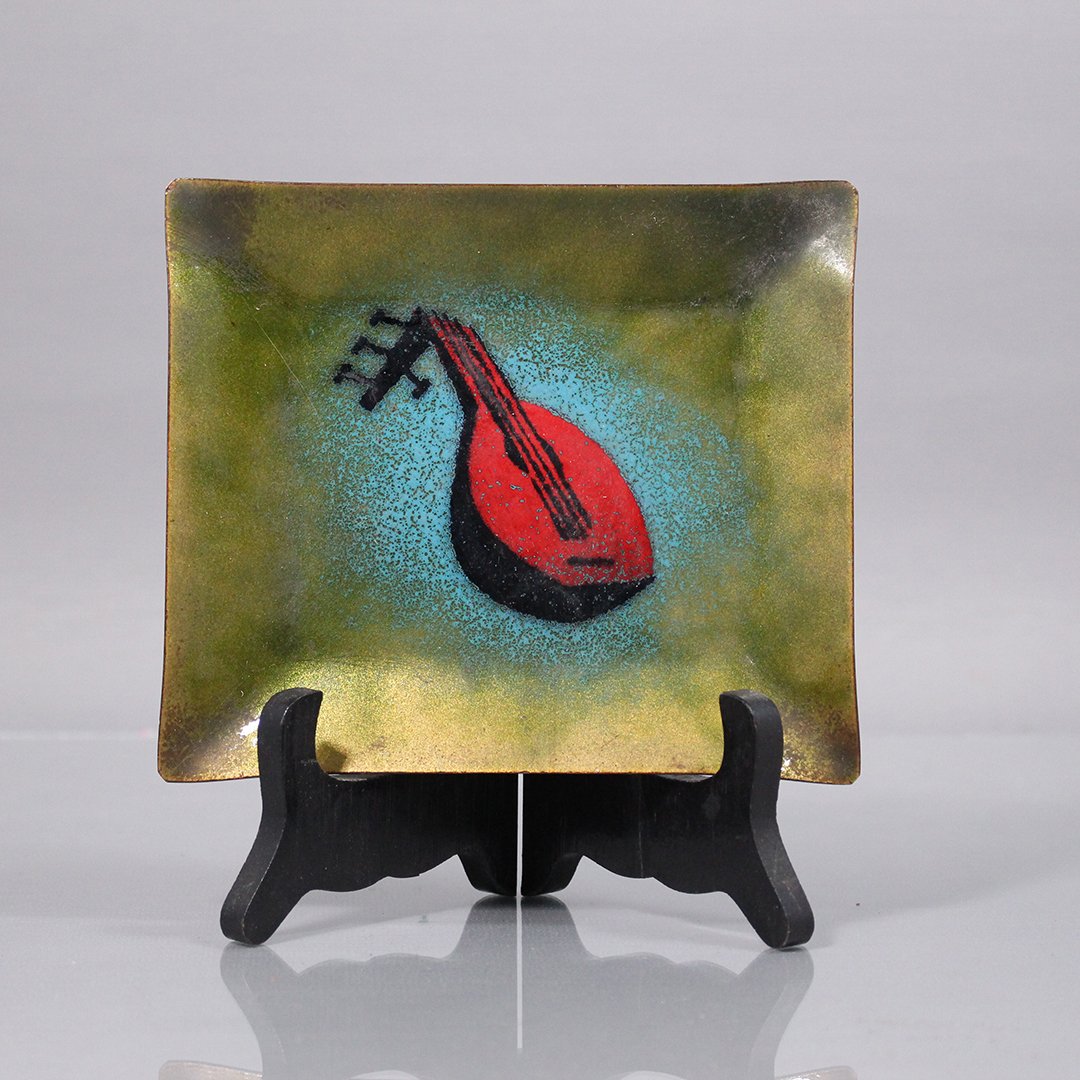 Enamel Art on Copper Dish with Lute Instrument (1 of 5)