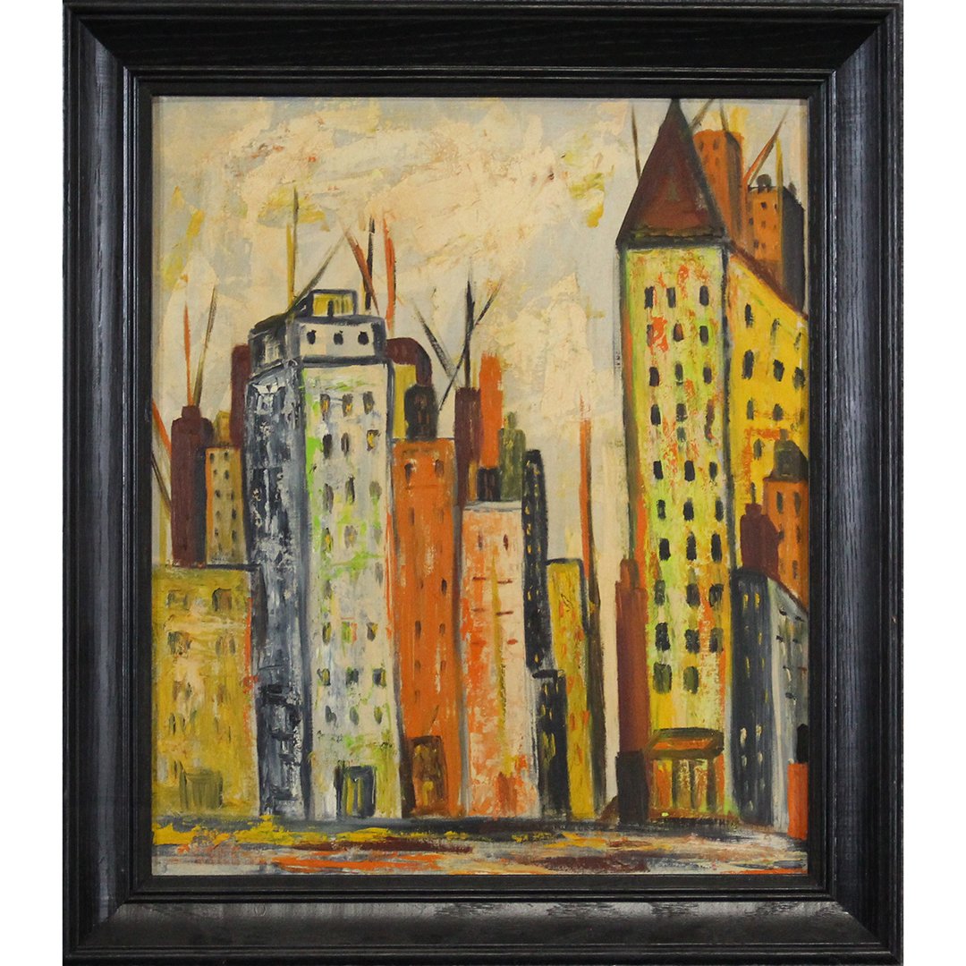 Theresa Christianson 1967, Oil/b New York City Painting: Theresa Christianson 1967, Oil/b New York City Painting. Oil on board painting. Signed, dated and titled: Asphalt Jungle. Framed. Size: image 24 in. x 20 in.; outer frame 29 in. x 25 in.