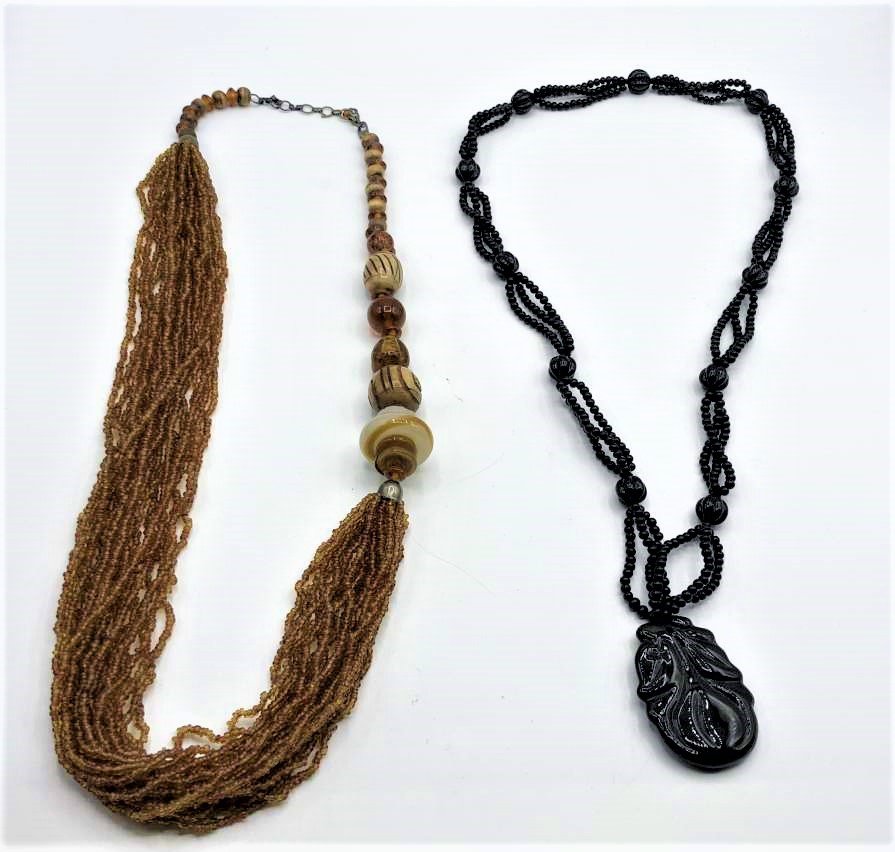 [2] Vintage Multi Strand Beaded Necklaces, Black, Amber (1 of 9)