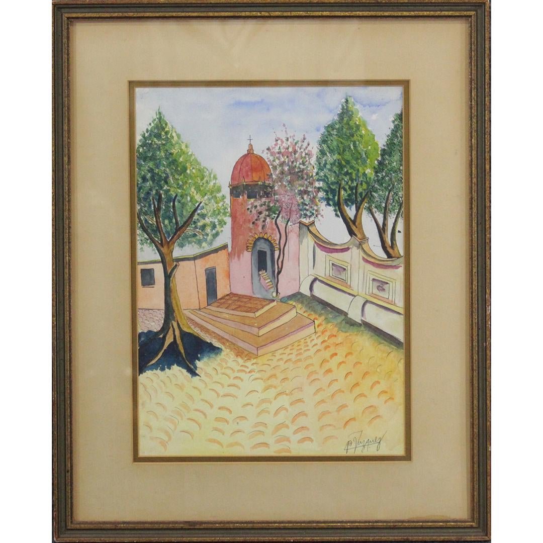 P Vazquez, Missionary Court Yard Watercolor Painting: P Vazquez, Missionary Court Yard Watercolor Painting. Signed, framed. Size: 14.5 x 10.5 inches image, 21 x 17 inches