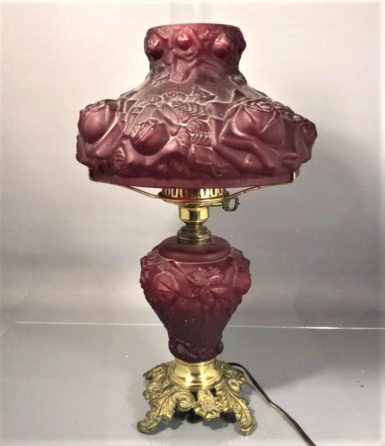 Fenton Deep Red Satin Glass Puffy Roses Hurricane Lamp (1 of 10)