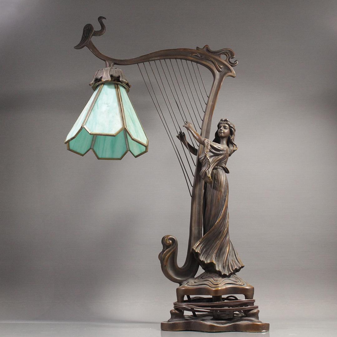Bronze Lamp Woman Playing Harp Slag Glass Panel Shade (1 of 12)