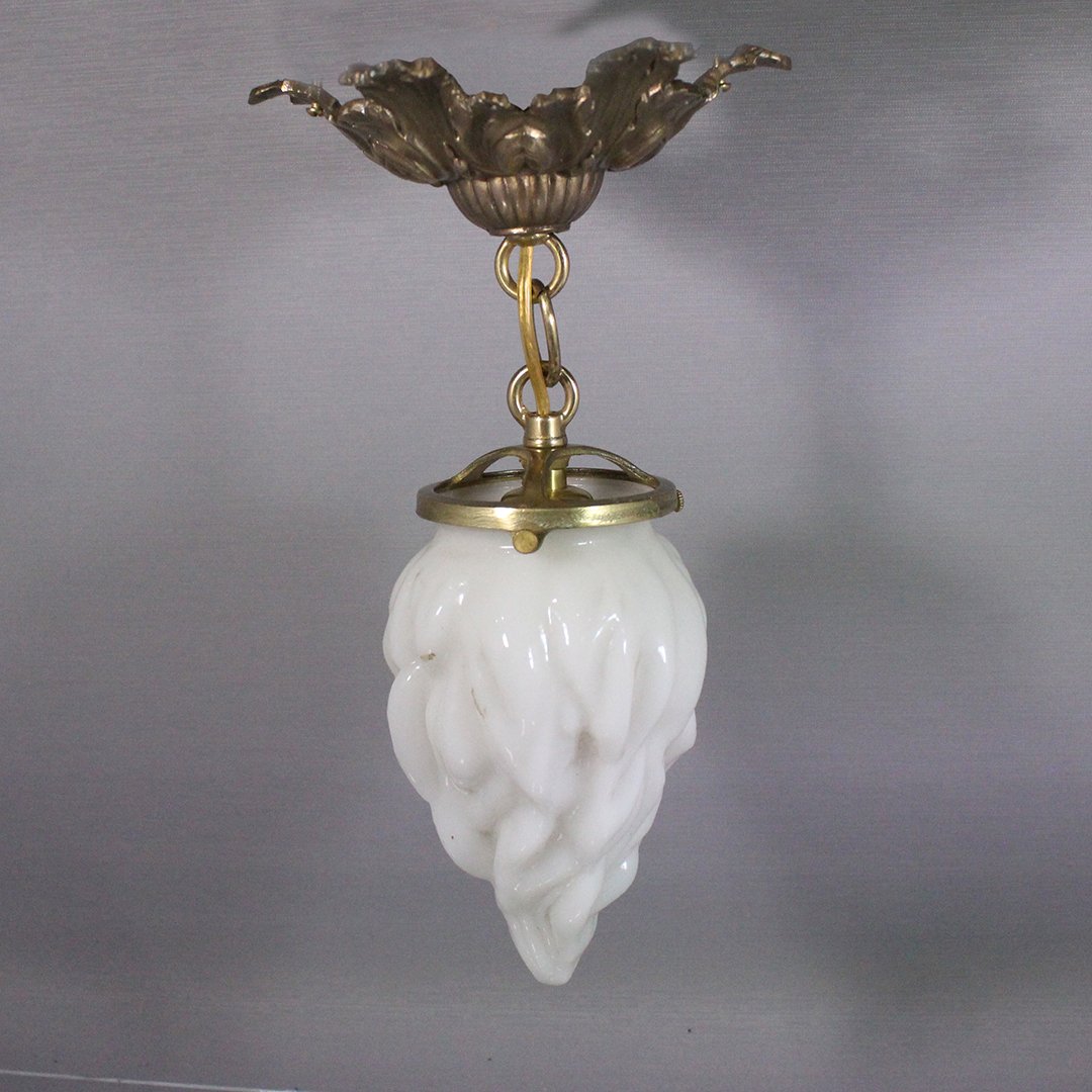 White Glass Flame Shade Hanging Hall Fixture: White Glass Flame Shade Hanging Hall Fixture - Antique. Wiring all good. Size: 12 in. length, 7 in. wide