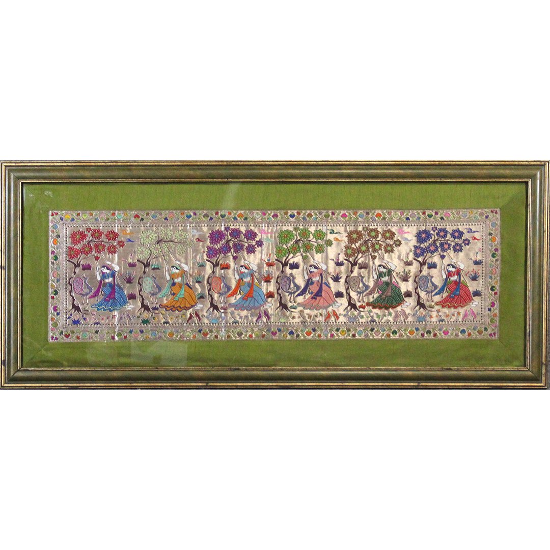 Silver Thread Silk Embroidery Persian Girls on Swings (1 of 7)