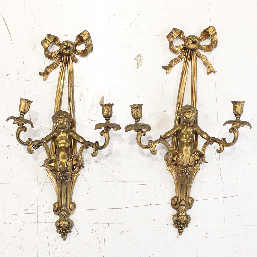 Pair French Gold Gilt Putti Double Candle Wall Sconces (1 of 7)