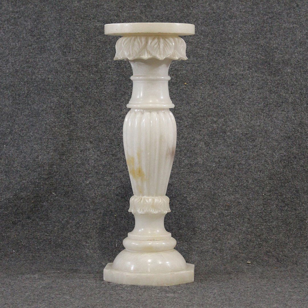White Alabaster Roman Column Pedestal Hand Caved Leaves (1 of 9)