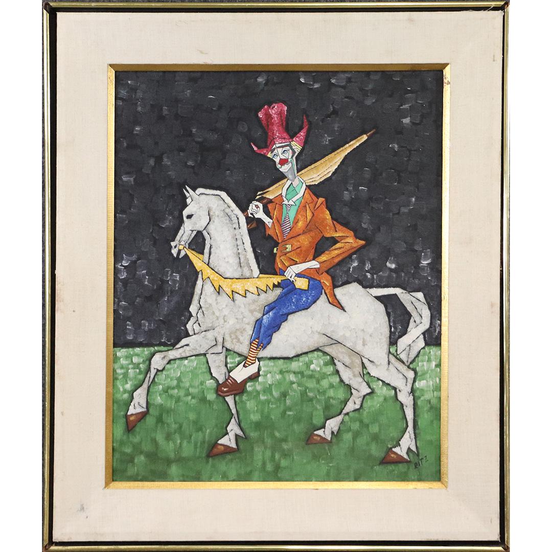 Ritz, Mid-Century Modern Jester on a White Horse,Signed: Ritz, Mid-Century Modern Jester on a White Horse, Signed. Oil on canvas painting, original frame. Size: image 20 x 16 , outer frame 22 x 26