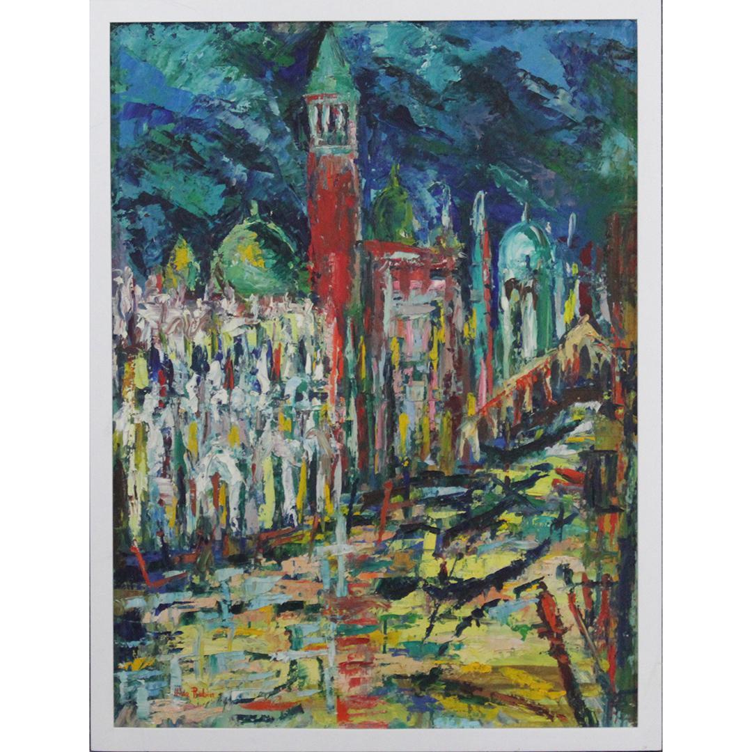 Hilda Rubin [Pierce], Oil/b Modernist Village Signed: Hilda Rubin [Pierce], Oil/b Modernist Village Signed. oil on board painting, well listed artist. framed. Size: 24 x 18 inches image, 25.25 x 19.25 inches outside frame. ASKart: Hilda Pierce (20th cent