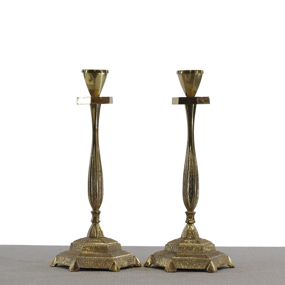Sabra Israel, Two Cast Brass Tall Candlesticks Signed. (1 of 8)