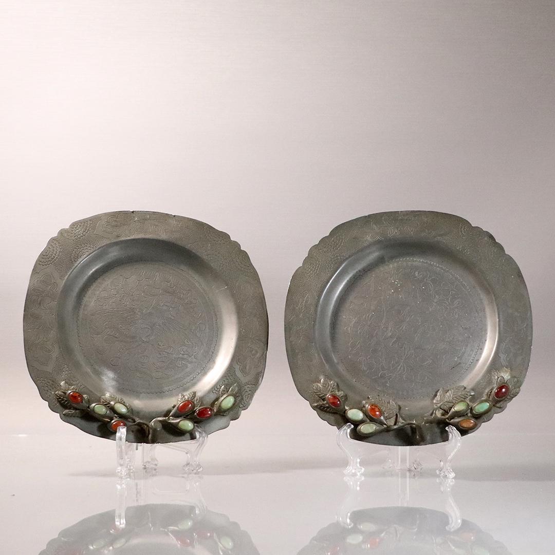 [2] 19th C. Chinese Etched Pewter Plates Inlaid Stones (1 of 9)