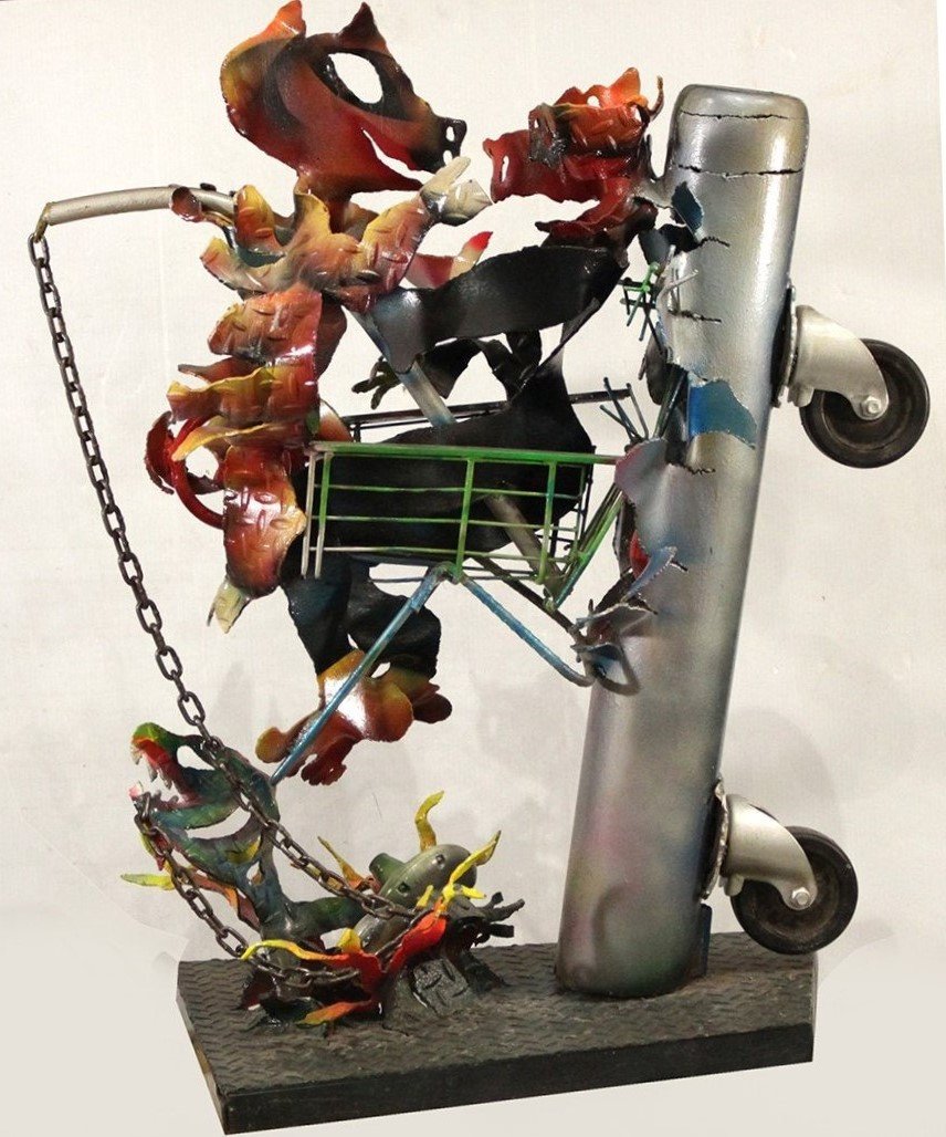 Outsider Art Metal and Iron Sculpture Fox in Flames: Outsider Art Metal and Iron Sculpture Fox in flames crashing in shopping cart . Fox is on fire , serpent dragon coming out of hole on bottom. Artist is Unknown. Great quality, colorful painted finish.