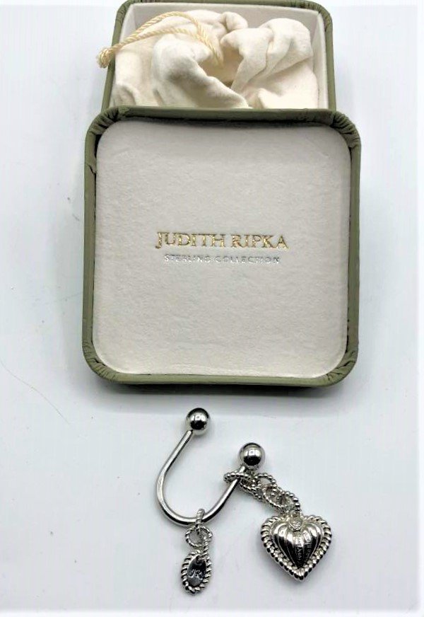 Judith Ripka Sterling Silver Key Fob with Heart & Chain: Judith Ripka Sterling Silver Key Fob with Heart & Chain. Heart has CZs. Great Quality. Original Box , Holder Bag and Paper. Size: 3.5 in. length x 1.25 in.