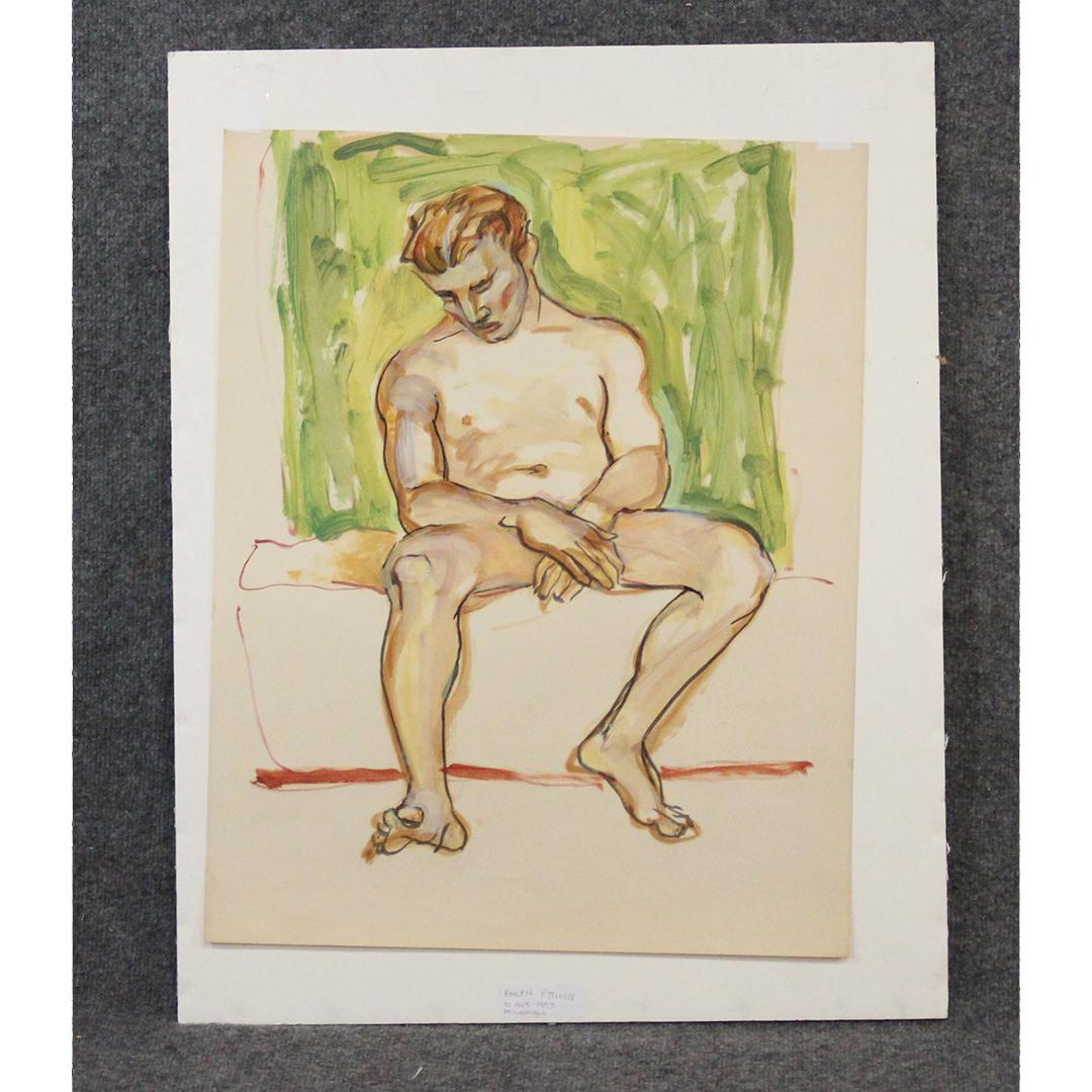 Emlen Etting Jr 1905-1993, Watercolor Seated Nude Male: Emlen Etting Jr 1905-1993, Watercolor Seated Nude Male. Not signed, has artist identification label. Size:24x19 image, 28.5x22.5 outside matting ; ASKart: Emlen Pope Etting Jr (1905 - 1993)Emlen Pope