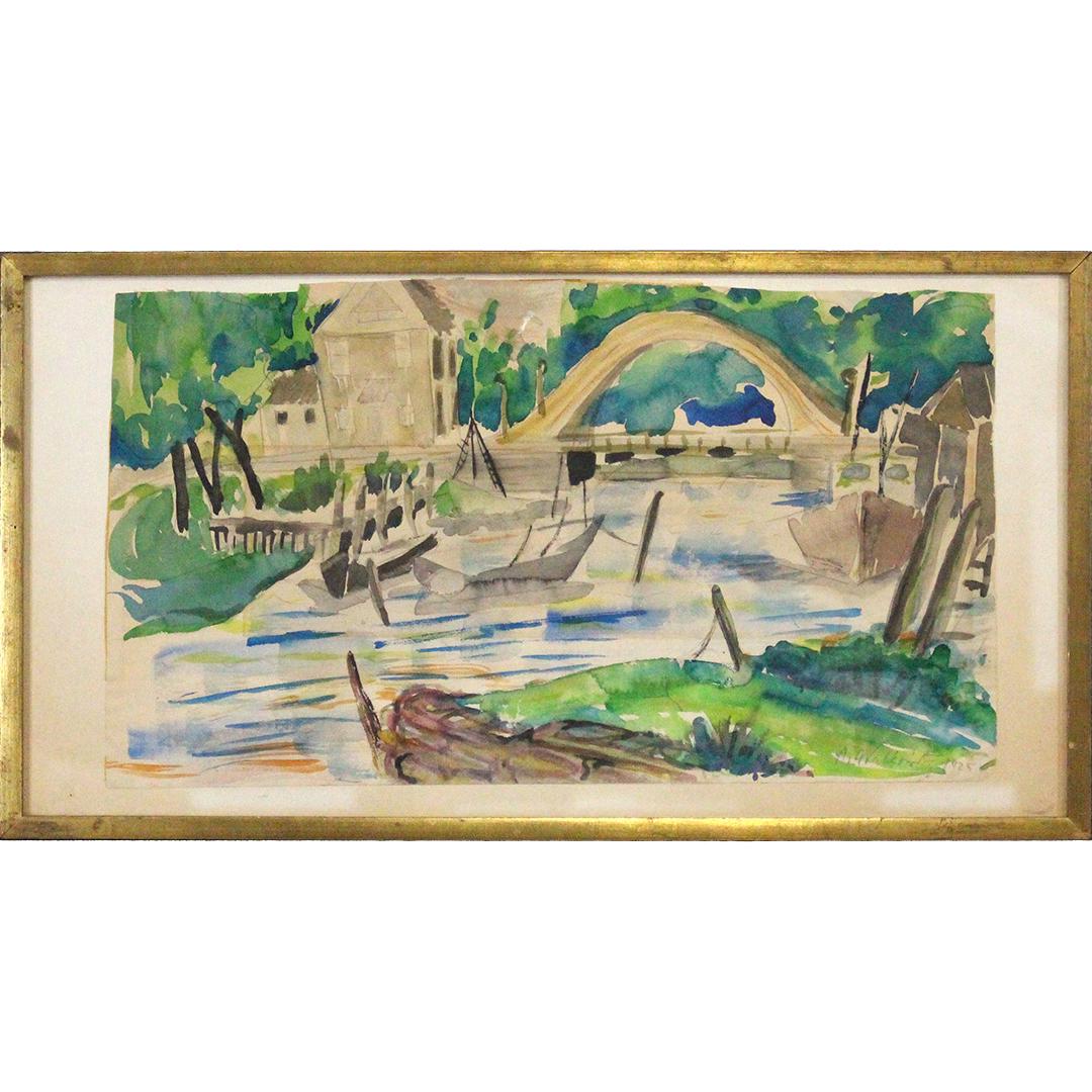 Abraham Walkowitz 1925, Modernism Watercolor Boat Basin: Abraham Walkowitz 1925, Modernism Watercolor Boat Basin, signed and dated, framed. has writing on back paper. Size: 10 in. x 19 in., outside of frame: 12 in. x 23 in.