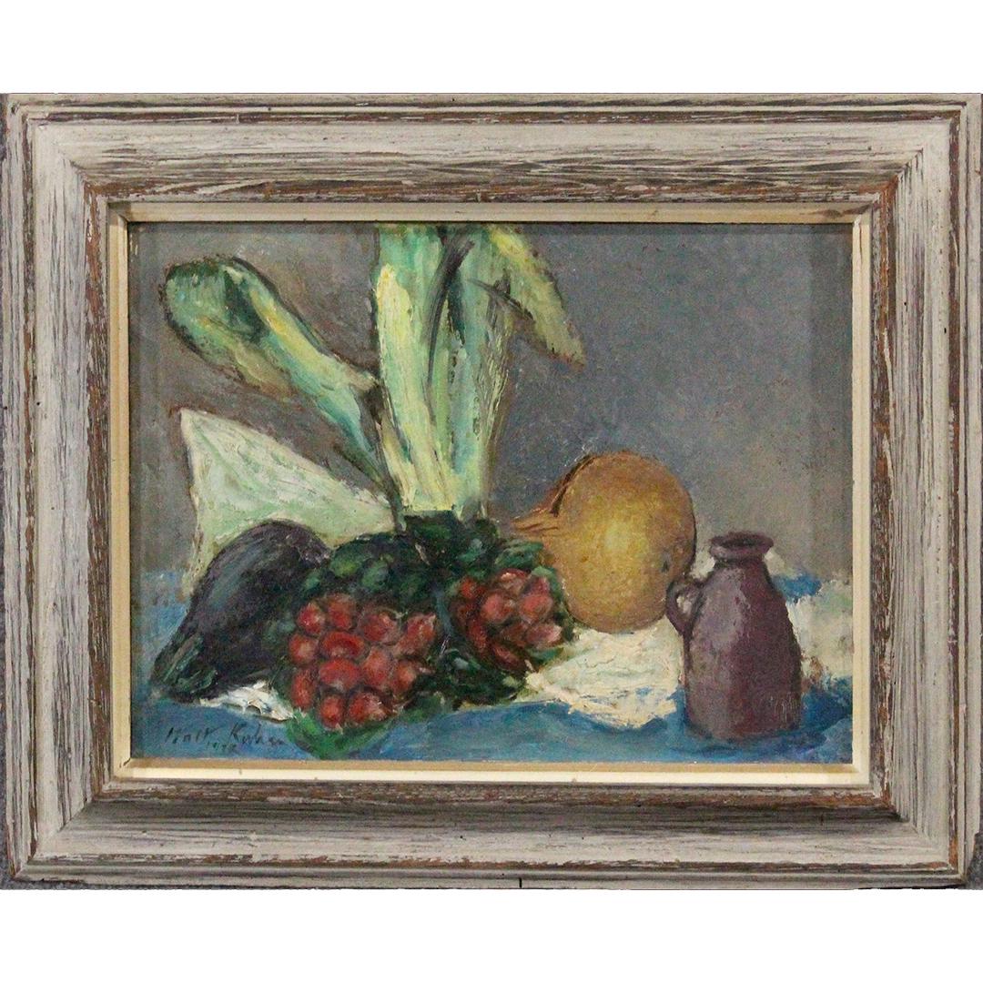 Walt Kuhn 1938, Oil/b Still Life Fruit Vegetables & Jug: Walt Kuhn 1938, Oil/b Still Life Fruit Vegetables & Jug. Oil on board painting, signed and dated, framed. Size: 11.5 in. x 15.5 in., 17.5 in. x 21 in.