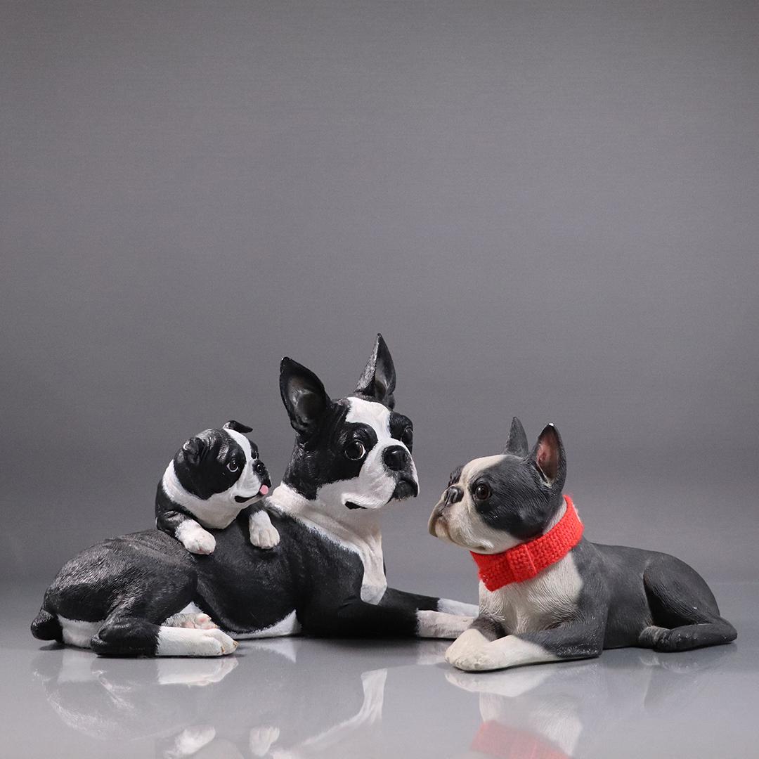 [2] Assorted Boston Terrier Dog Figures: [2] Assorted Boston Terrier Dog Figures in Hard Composite. Size: 7 in. x 10 in. , and 6 in. x 10 in.