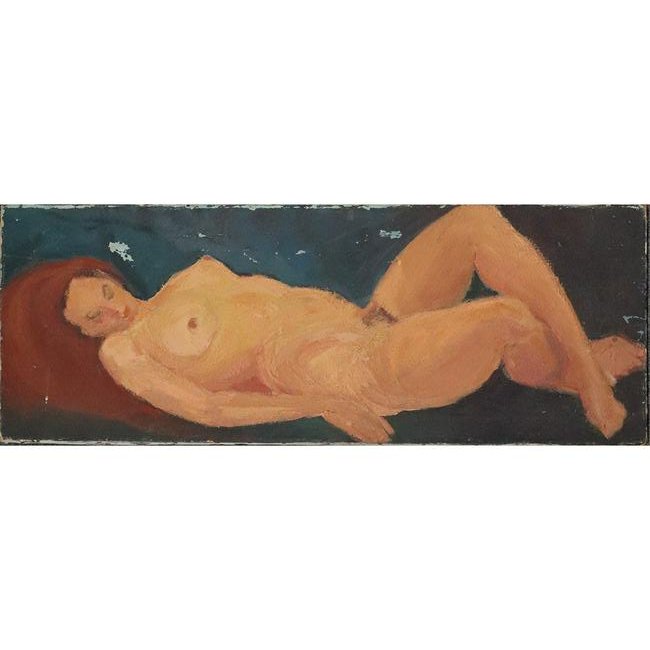 Kahn, Vintage Circa 1950 Reclining Nude Oil Painting: Kahn, Vintage Circa 1950 Reclining Nude Oil Painting. oil on canvas, signed on verso. Size: 32 in. x 12 in.
