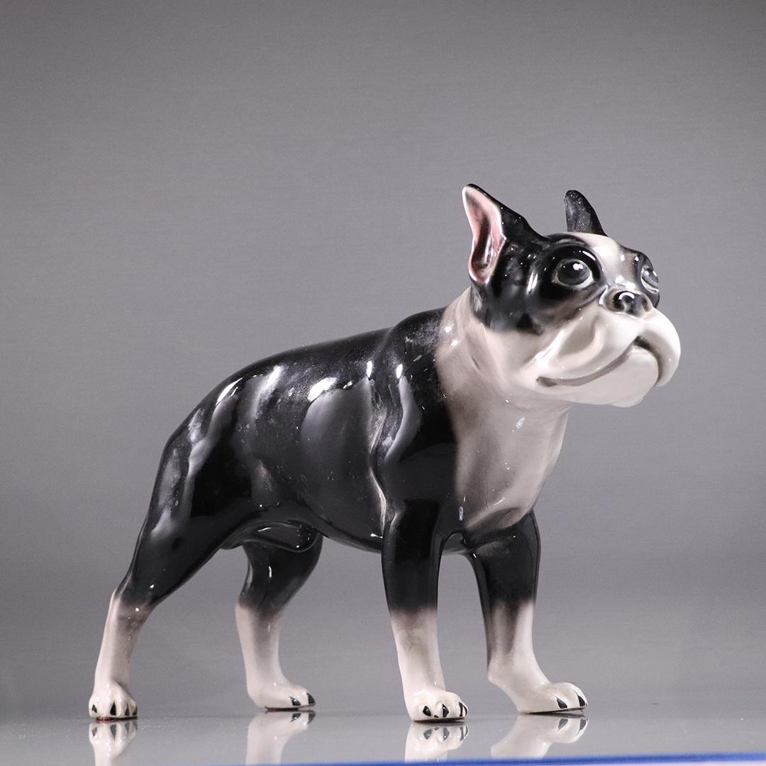 Large Porcelain Boston Terrier Dog Figurine: Large Porcelain Boston Terrier Dog Figurine. Size: 11 in. height x 14 in. length