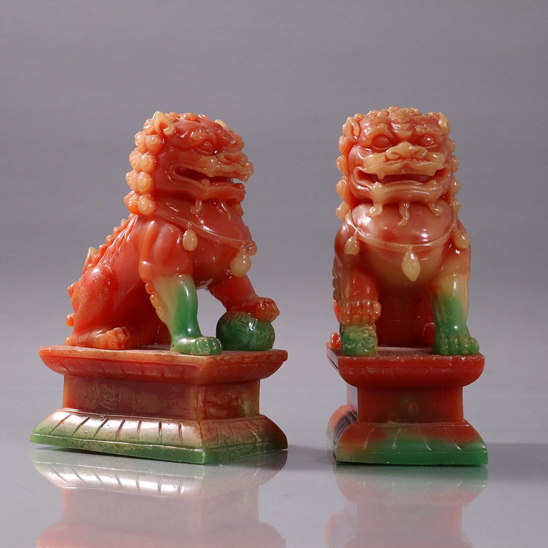 Pair Fire-Red Onyx with Green Chinese Foo Dogs: Pair Fire-Red Onyx with Green Chinese Foo Dogs. Size: 6.25 in. height x 4 in. wide