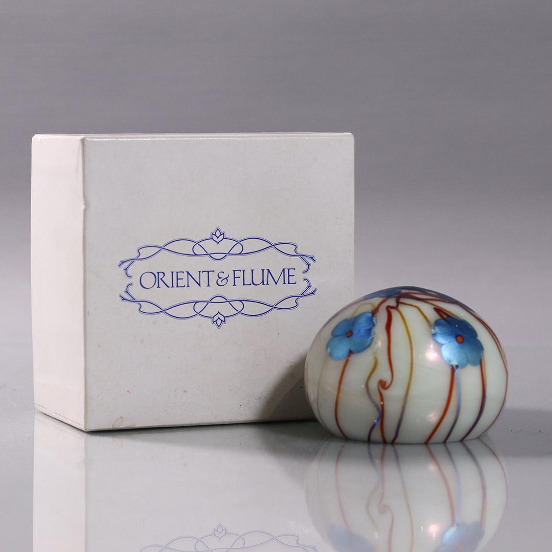 Orient & Flume Studio Art Glass Paperweight with Box: Orient & Flume Studio Art Glass Paperweight with Box. Signed on base. 2.5 in. x 3 in.