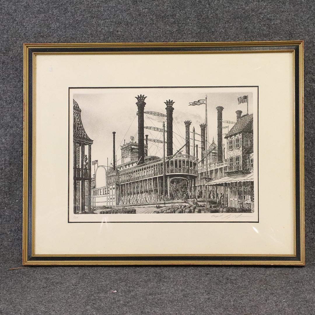 Alan J Gaines, Engraving, Robert E Lee Paddle Riverboat: Alan J Gaines, Engraving, Robert E Lee Paddle Wheeler Riverboat. Pencil Signed. Size: 22 in. x 27 in.