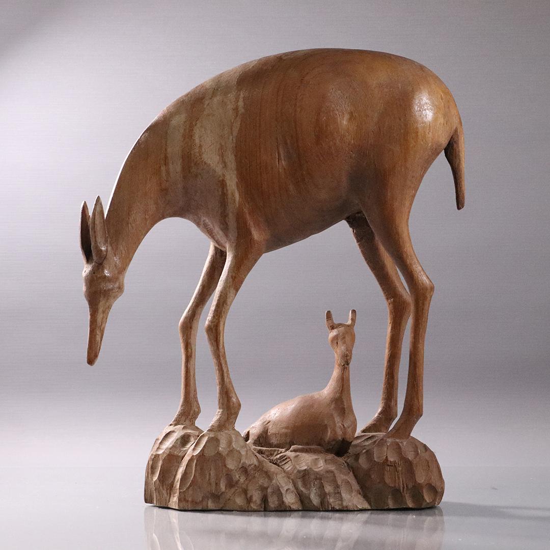 Hand Carved Teak Deer and Fawn Figure Sculpture: Hand Carved Teak Deer and Fawn Figure Sculpture. Size: 15 in. height x 12 in. wide