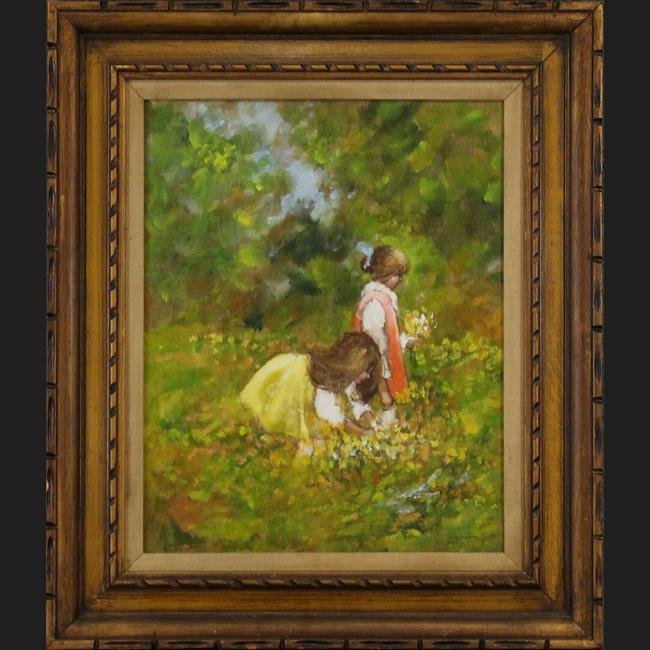 Jason, Oil/c Two Young Girls Picking Wild Flowers Oil/c: Jason, Oil/c Two Young Girls Picking Wild Flowers . Oil on canvas painting, signed, framed.Size: image 20 in. x 16 in., outer frame 27 3/4 in. x 23 3/4 in.