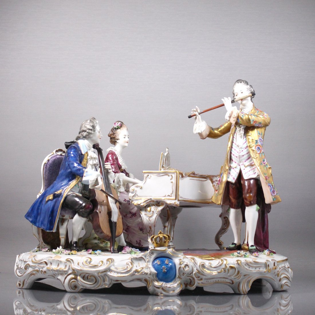 Large Antique Porcelain Figural Group Tableau Ensemble: Large German Dresden Antique Porcelain figurative group tableau ensemble. Signed on bottom and on back . Group consists of piano and flute players. Fine Antique Porcelain Grouping Musicians Pianist. S