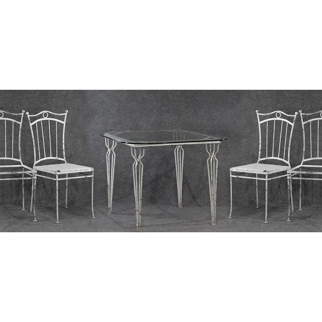 Vintage Cast Iron Patio Table and 4 Chairs, Glass Top: Vintage Cast Iron Patio Table and 4 Chairs, Glass Top. Circa 1940. Size: Table 30 in. height, 38 in. x 38 in. glass table top; chairs seat height 16 in., width 16 in. Note: 2 chairs are missing the bo