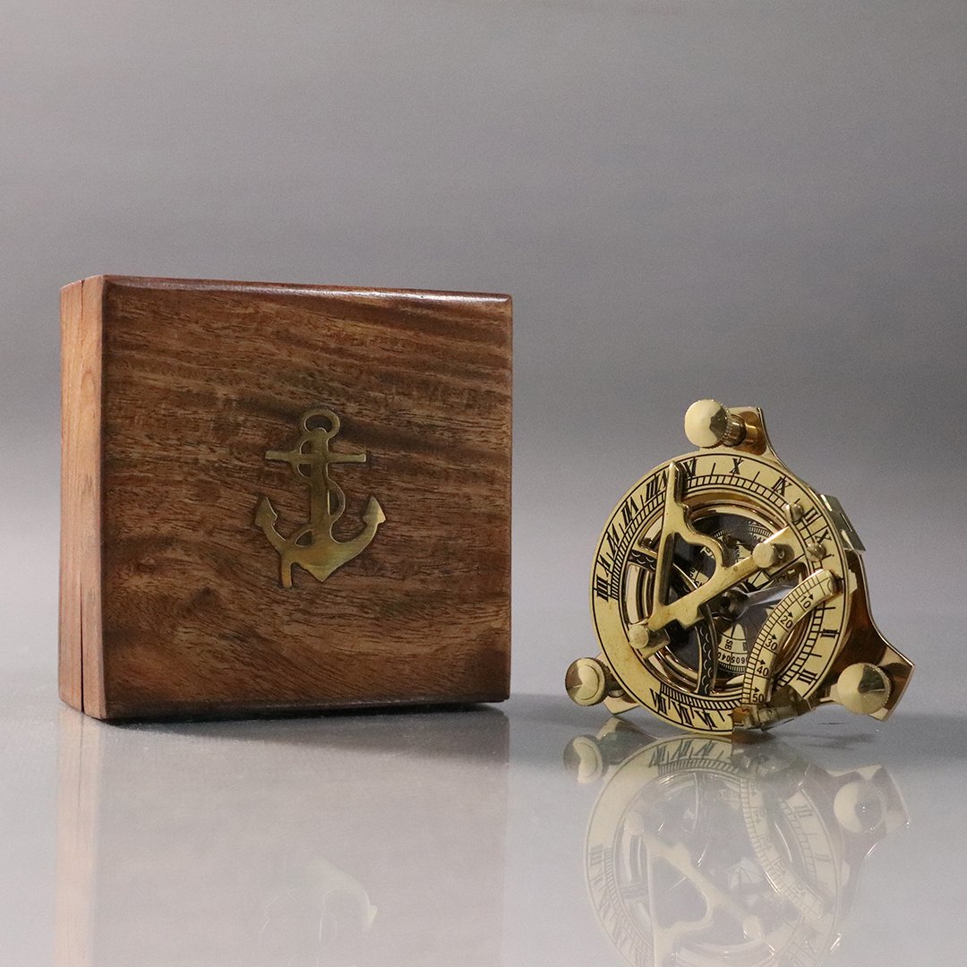 20th C Nautical Navy Navigational Brass Compass in Case: 20th C Nautical Navy Navigational Brass Compass in Case. Wooden case has inlaid brass Naval insignia. Compass is very clean. Size: instrument 3 in. diameter, box is 4 in. x 4 in.