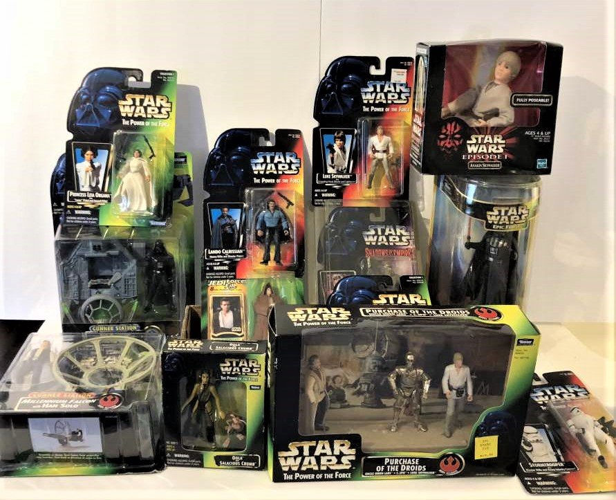 [14] Fourteen Assorted STAR WARS Figures Unopened Boxes: [14] Fourteen Assorted STAR WARS Figures Unopened Boxes. To include: Purchase of The Droids [Uncle Owen Lars, C-3PO, Luke Skywalker]; Millennium Falcon with Han Solo; Stormtropper; Rebel Fleet Trooper