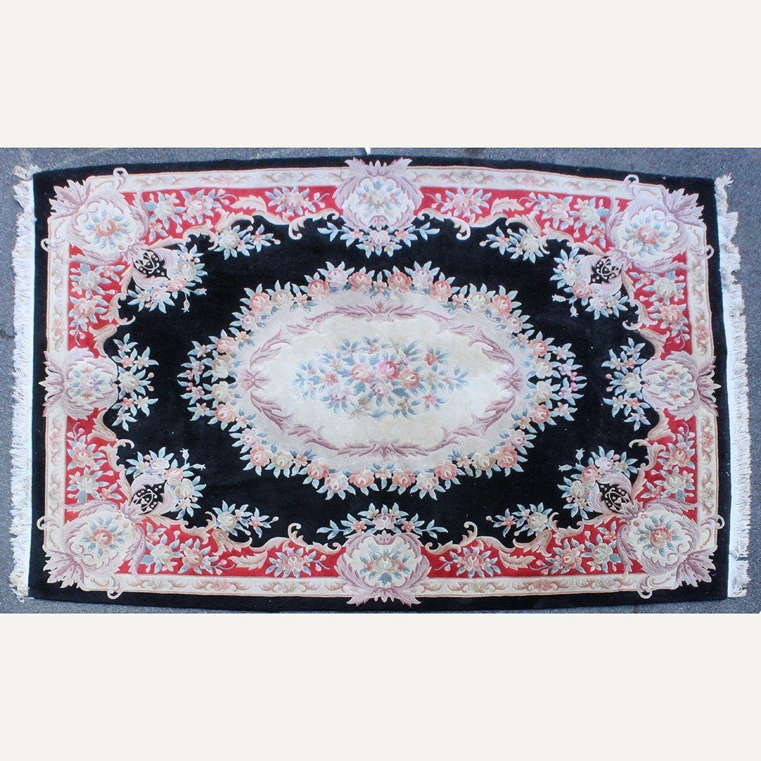 Roomsize French Aubusson Floral Hand Made Wool Rug: Roomsize French Aubusson Floral Hand Made Wool Rug. Black & Red borders with Ivory Center Floral Designs. Size: 9 feet x 12 feet