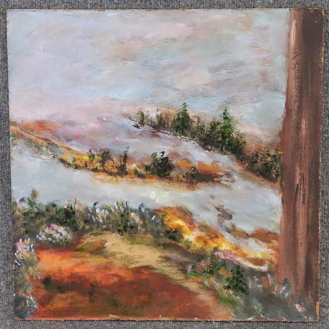 Ruth Simon Impressionist Hilly Landscape Oil Wood Panel: Ruth Simon, Impressionist Hilly Landscape Oil on Wood Panel. Signed lower right: R. Simon. Not Framed. Size: 18.5 in. x 18 in.