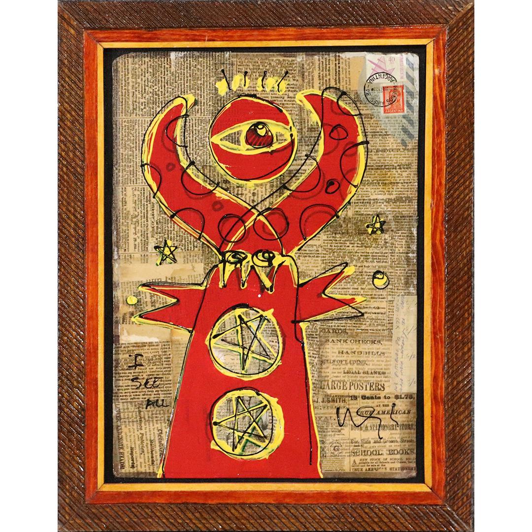 Wayne Cunningham, American, Modernism Abstract Figure: Wayne Cunningham, American, Modernism Abstract Figure. Acrylic on Newspaper Collage. Red Abstract Figure. Signed. Original Framing. Well listed American Artist. Size: image 15.5 in. x 11 in., outside