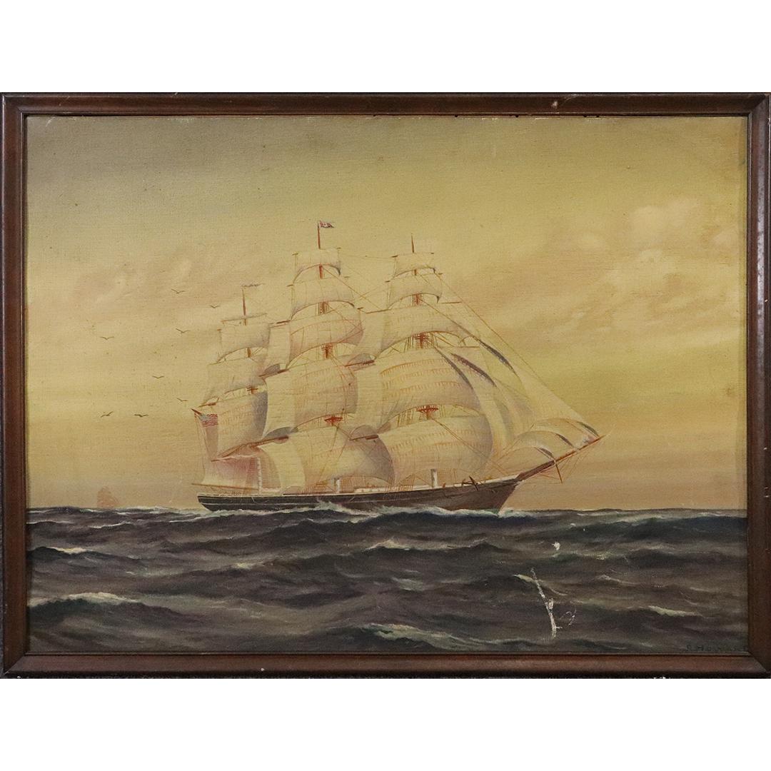 S Howard Circa 1930 Oil Painting Full Sail Clipper Ship: S Howard, Circa 1930 Oil Painting Full Sail Clipper ShipS Howard, Oil on canvas board painting, original frame. Size: image 24 in. x 31 in., outside of frame: 26 in. x 33 in.