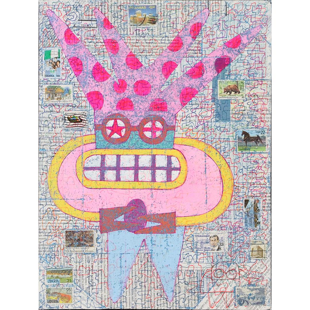 Wayne Cunningham, American, Modernism Abstract Figure: Wayne Cunningham, American, Modernism Abstract Figure. Mixed Media Acrylic on a map collage with Stamps. Well Listed American Artist. Size: 16 in. x 12 in. ; Askart: Wayne Cunningham (20th Century)Way