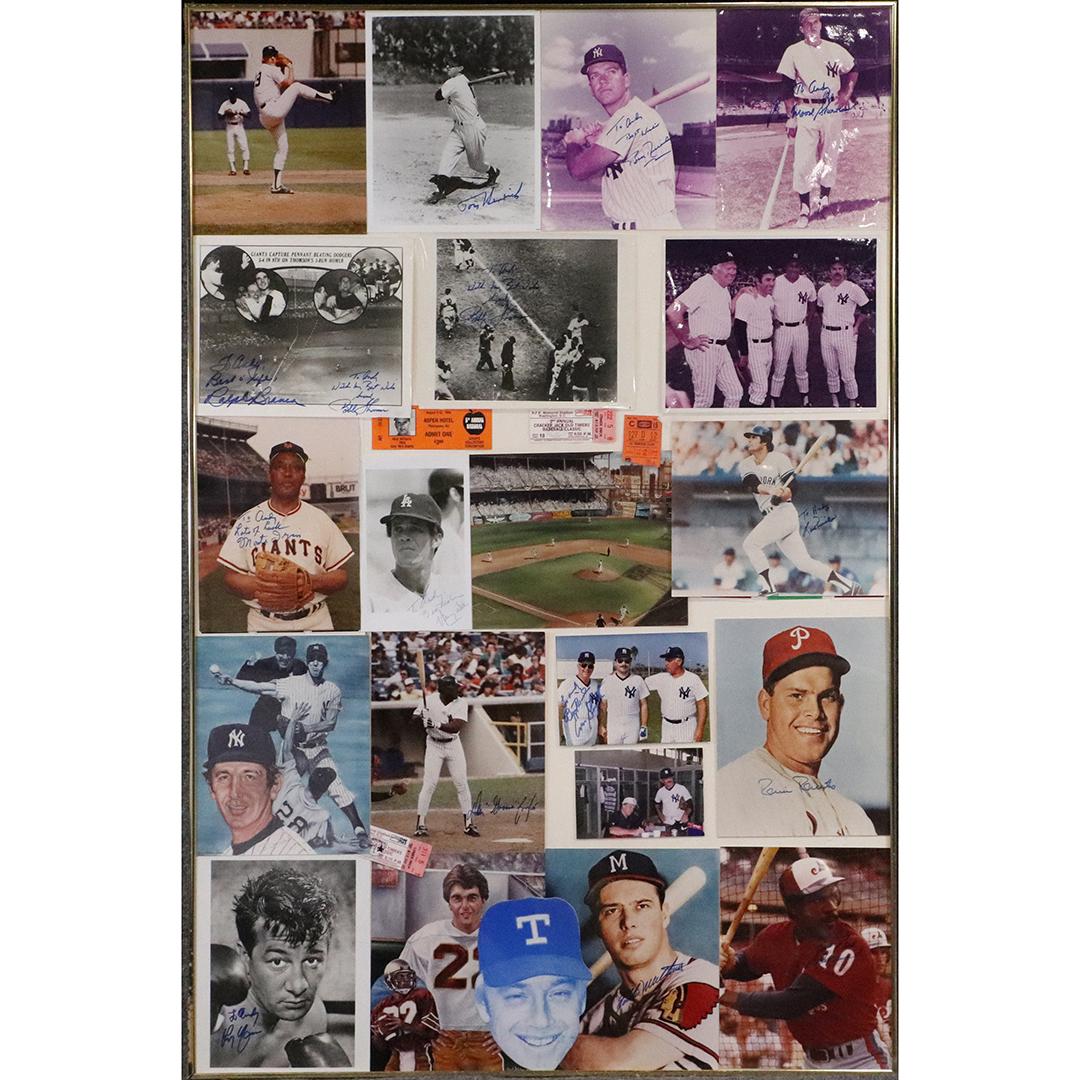 Framed Collage of Assorted Autographed Baseball Players: Framed Collage of Assorted Autographed Baseball Players. All original Signatures, Vintage. Tom Heinrich, Moose Skowron, Bobby Richardson, Ralph Branca, Bobby Thompson, Lou Pinella, Monte Irvin, Don Ba