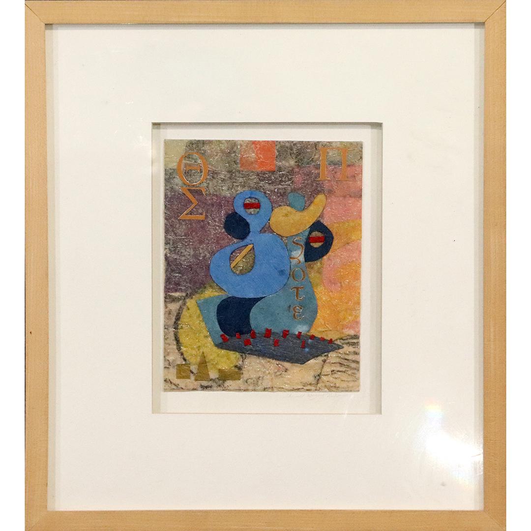 Sherrill Meyers-Nilson, Collage, Titled: Shades of Blue: Sherrill Meyers-Nilson, Collage, Titled: Shades of Blue #9; Pencil signed, original framing. Size: image 7 in. x 5.5 in. , outside of frame: 15 in. x 13.5 in.