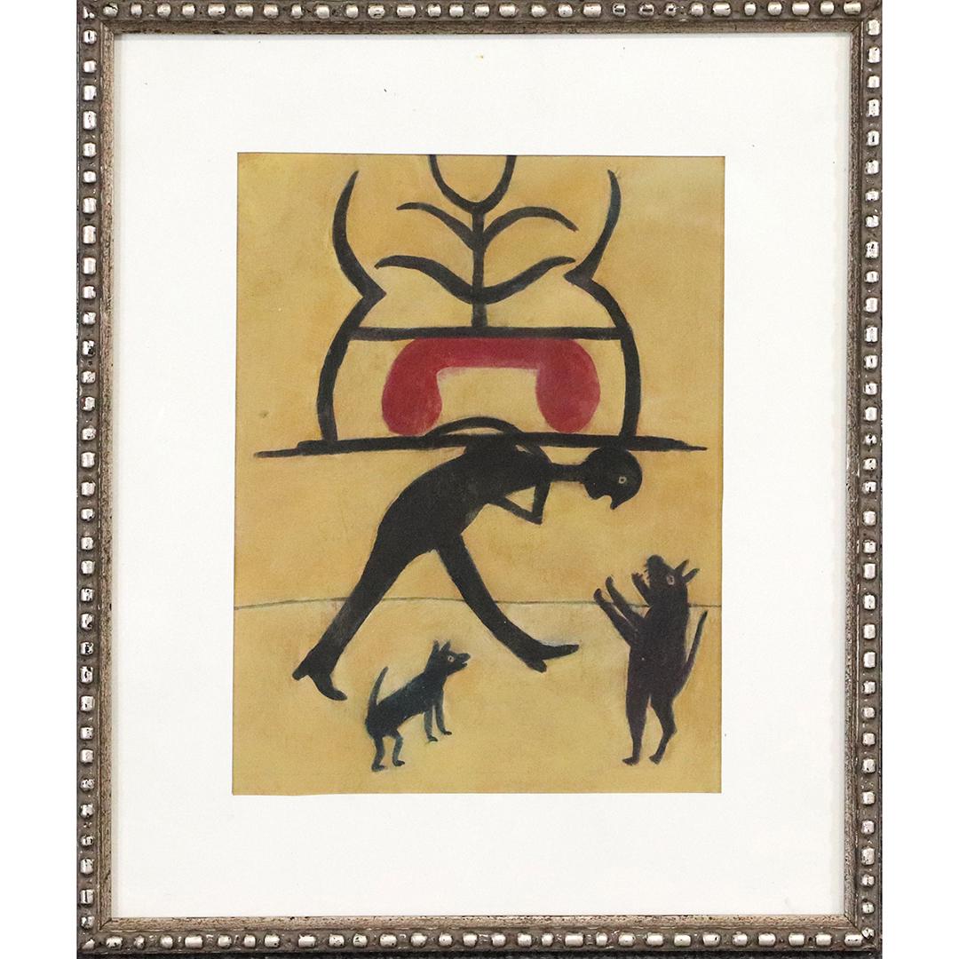 Attributed to Bill Traylor [unsigned] Folk Art Painting: Attributed to Bill Traylor [unsigned] Folk Art Painting. Figure with dog. . Framed. American Folk Art Watercolor Painting. NOTE: Magnified photos are 30x and 60x+ magnified. This is NOT a print. Size: