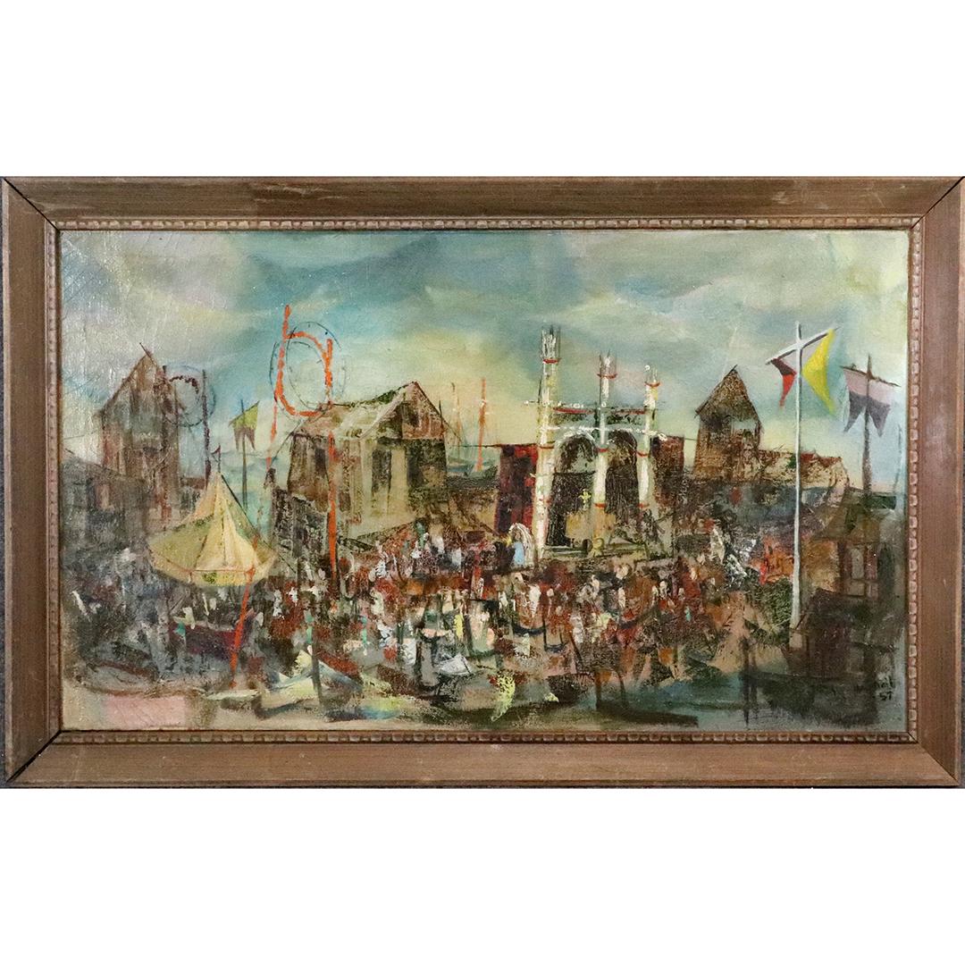 Bruce Macphail 1957, Oil/c Renaissance Festival: Bruce Macphail 1957, Oil/c Renaissance Festival . Oil on canvas painting , signed both front and back. Original framing. Size: image 26 in. x 44 in. . outside of frame: 32 in. x 49 in.