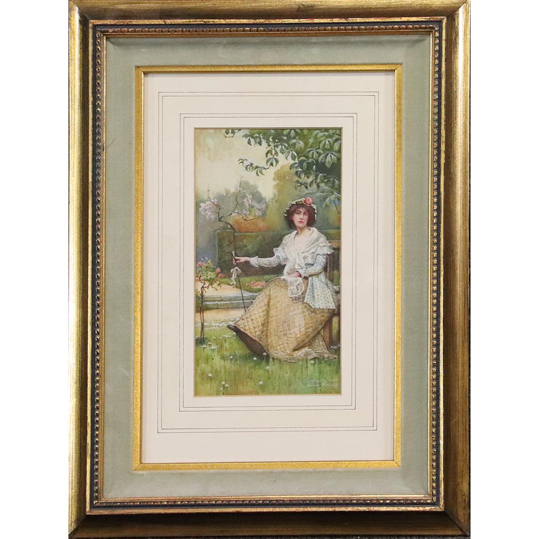 Samuel Poole 19th C English Watercolor Woman Springtime: Samuel Poole 19th C English Watercolor Woman titled "Springtime" ; watercolor painting, signed, framed, labels on verso. Well listed Artist. Size: image 9 in. x 5 in. , outside of frame: 17 in. x 13 i