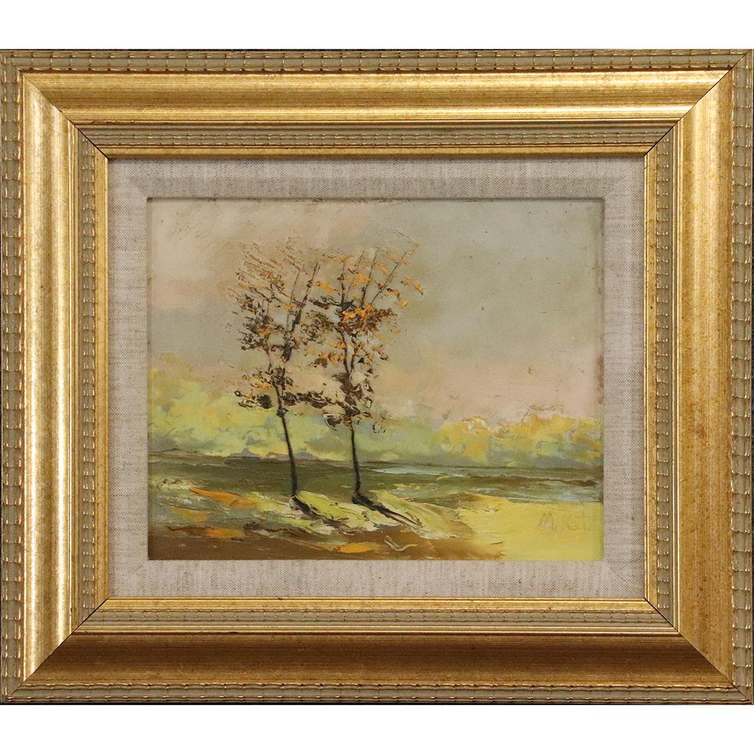 MORRIS KATZ Listed Jewish American Landscape Trees: MORRIS KATZ Listed Jewish American Landscape Trees. Acrylic on board painting, signed, framed, information on verso. Well listed artist. Size: image 7.5 in. x 9.5 in. , outside frame 14 in. x 16 in. ;