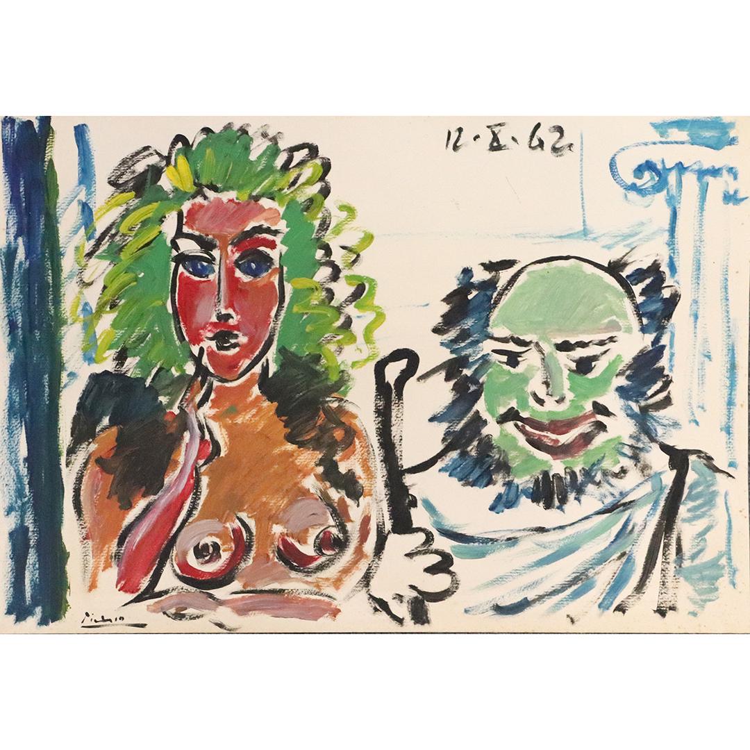 Signed Picasso 1962 Abstract Faces Oil on Paper Attrib.: Signed Picasso 1962 Abstract Faces Oil on Paper Attrib. Rare Find, a hand done oil painting on thick paper signed Picasso, dated 12/X/62;image of an Abstract Faces. Selling In Manner Of / Attributed d