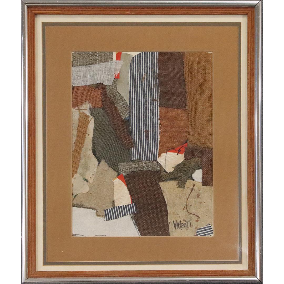 Italo Valenti 1912-1995, Abstract Collage of Fabric: Italo Valenti 1912-1995, Abstract Collage of Fabric. Signed, framed. Well listed Artist. Size: image 15 in. x 11 in., outside frame 23 in. x 19.5 in. ; Italo Valenti (1912 - 1995)Italo Valenti was act