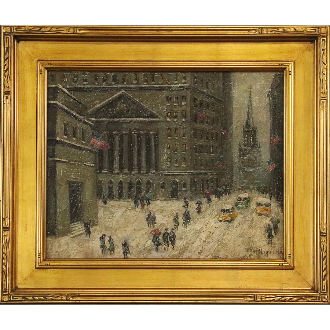 Guy Wiggins NA, New York Stock Exchange Blustery Winter: Guy Wiggins NA, New York Stock Exchange Blustery Winter. Oil on canvas painting. Signed lower right: Guy Wiggins N A ; Vintage oil painting mounted in a quality newer gold frame. Well listed American 