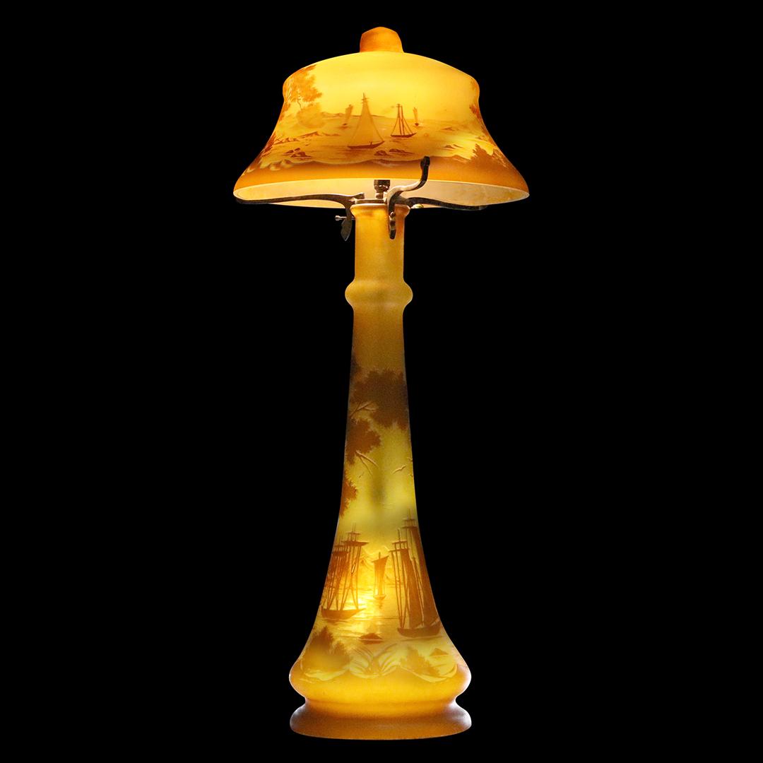 GALLE Signed Cut Cameo Glass Large Mushroom Lamp: GALLE Signed Cut Cameo Glass Large Mushroom Lamp, scenes of tall Sail Boats, Sloops, Lighthouse. Colors amber and brown. Both shade and base are signed: Galle. Shade 12 1/8 diameter , 7.5 in. height ,